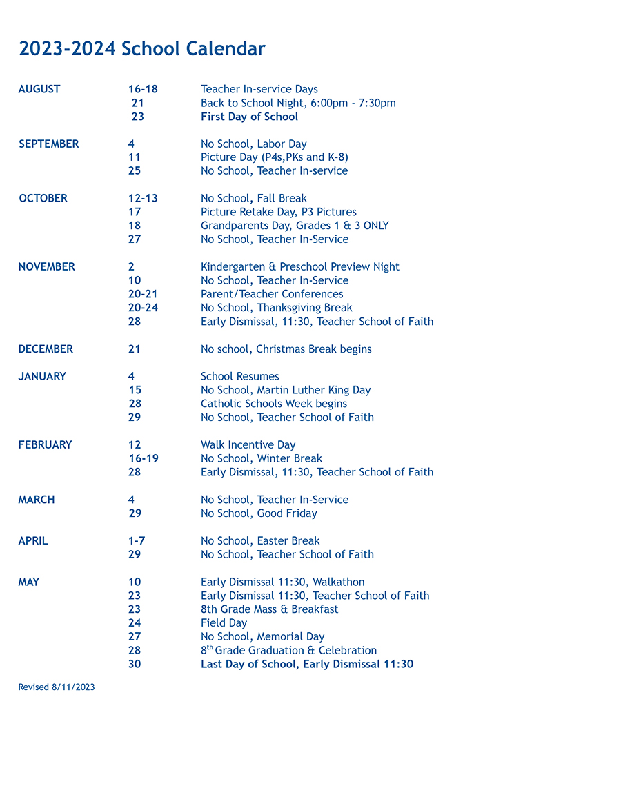 Our Lady of the Visitation School > Visi Vitals > Calendar